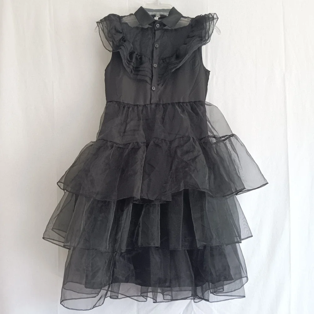 Wednesday Adams Ruffle Tiered Dress Girls Sz 10 (140) Black Organza Gothic Party